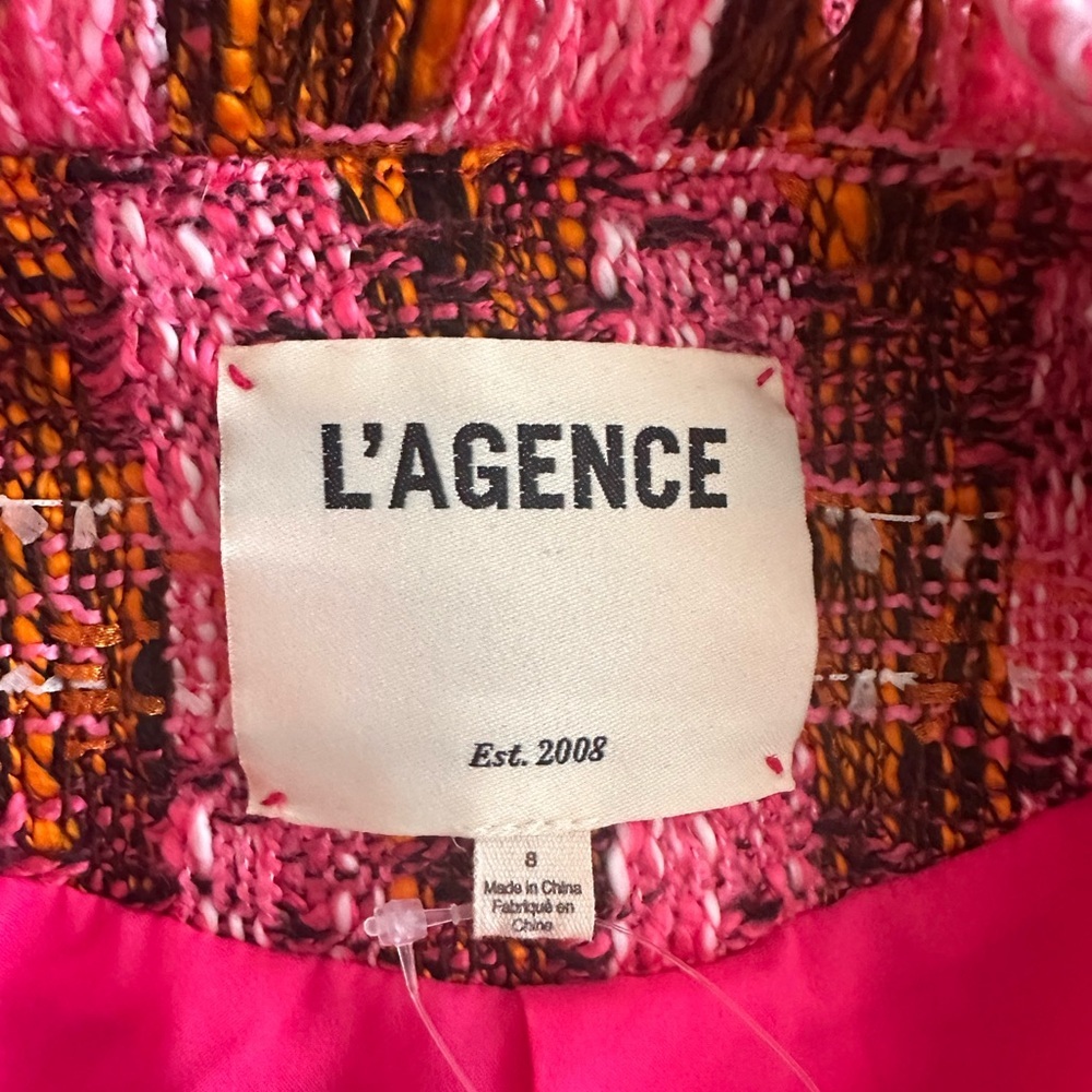 L'Agence 'Angelina' Tweed Raw-Trim Open-Front Blazer Jacket, Fuchsia Pink/Orange - Picture 7 of 9
